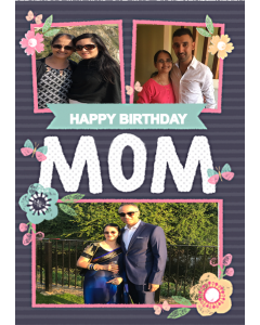 Stripes And Flowers Multiphoto Happy Birthday Card